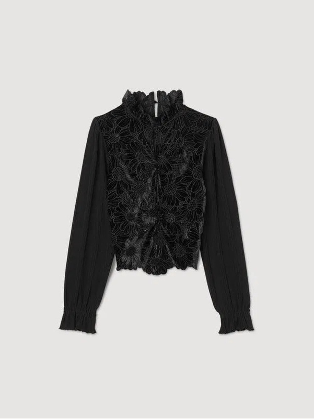 NWT SANDRO May Floral Guipure Lace Mock Neck Velvet Top | Nordstrom
